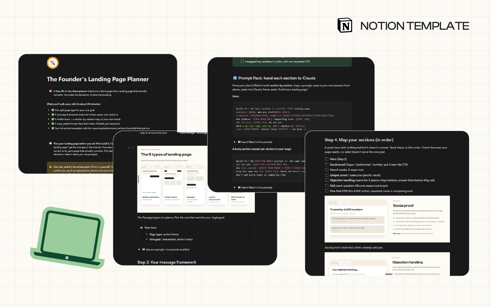 The Founder's Landing Page Planner in Notion: the page-type decision table, the five landing page wireframes, the section map checklist, and the copy-paste Prompt Pack.