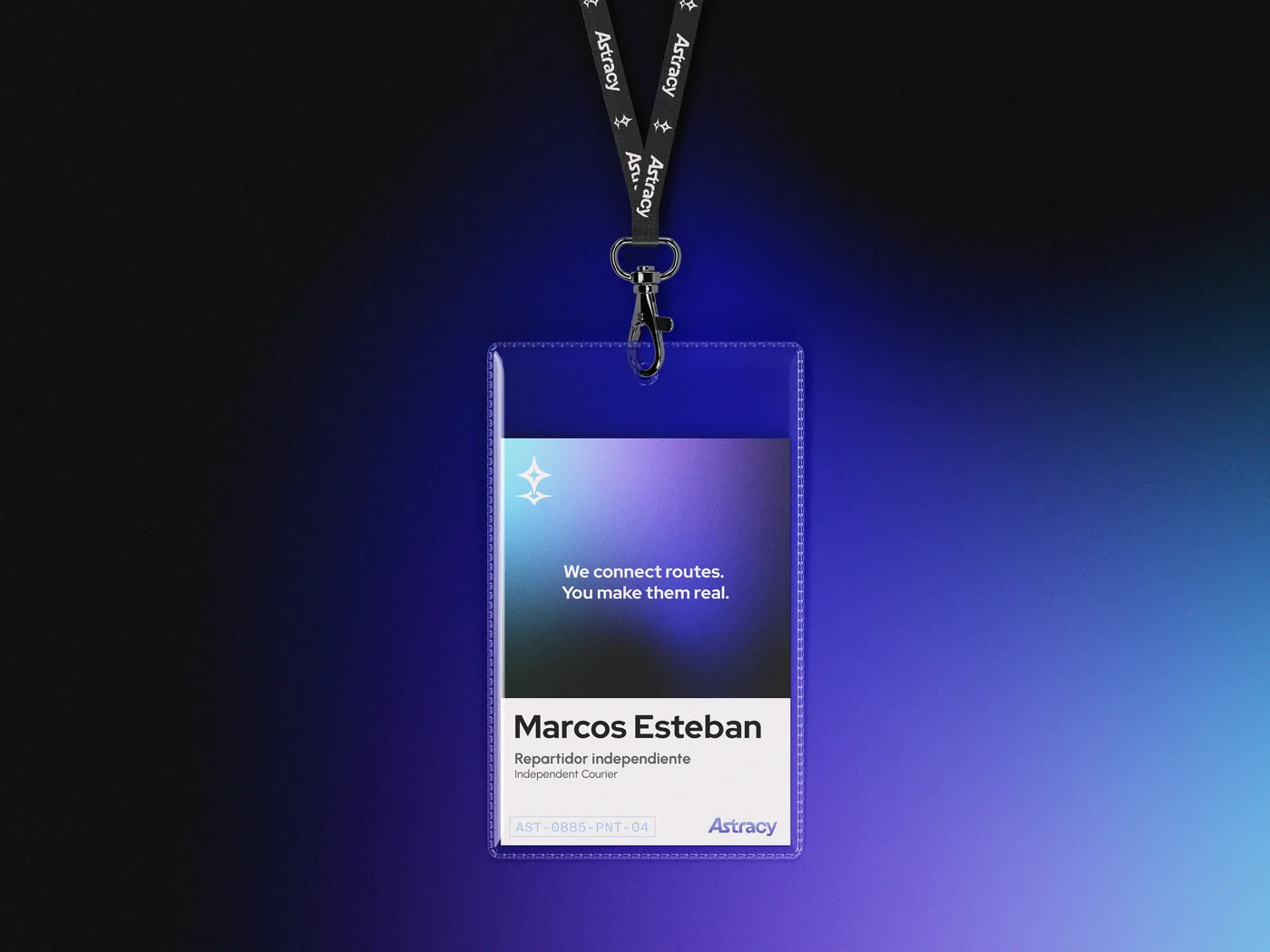 Astracy staff ID card on a branded lanyard