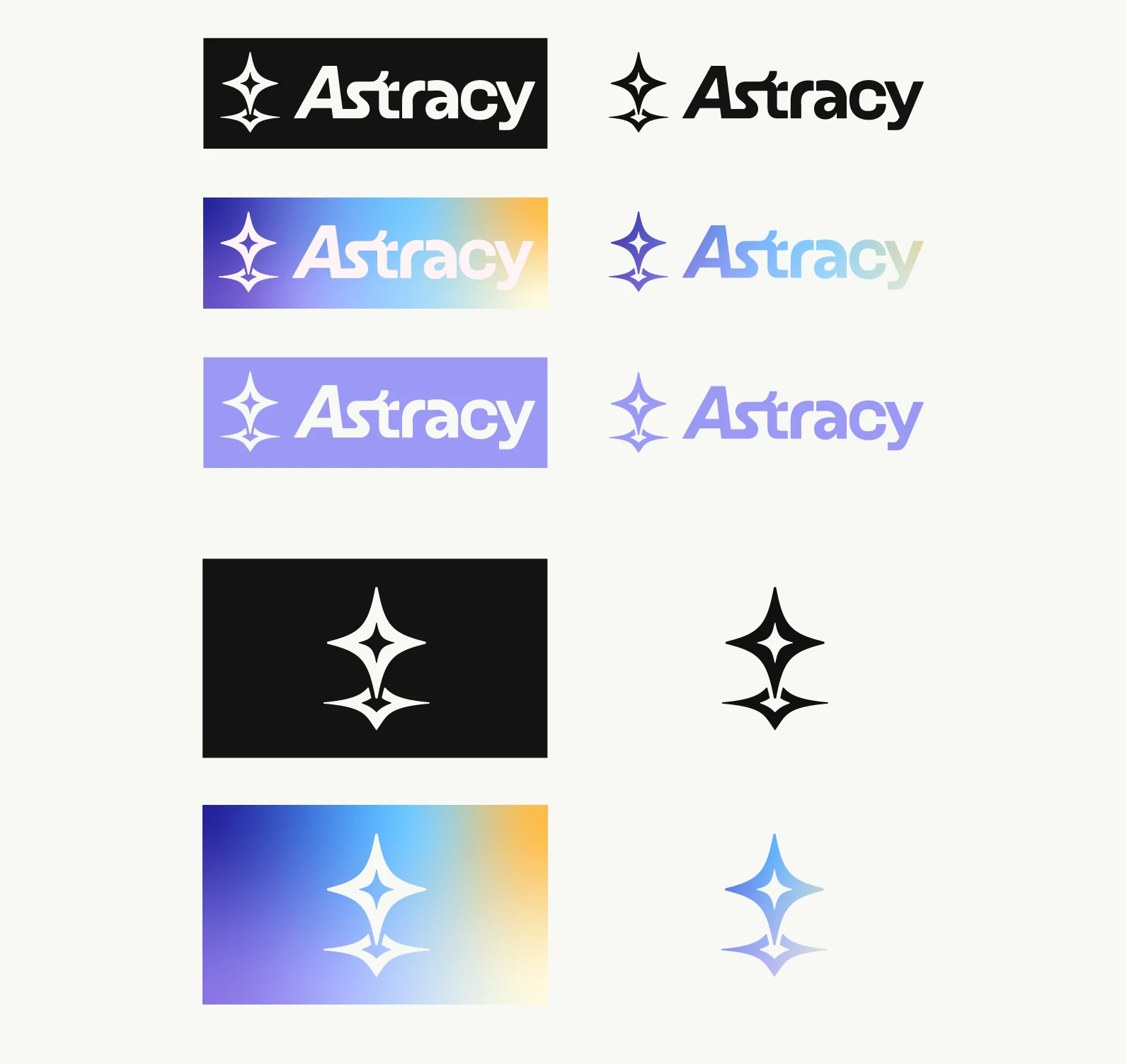Astracy logo system showing the wordmark in color variations and the four-pointed star isotipo