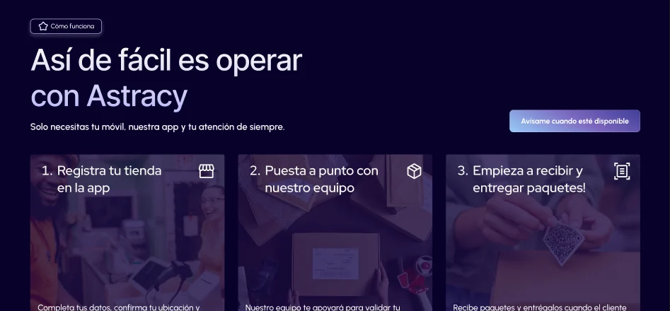 Astracy website how-it-works steps in dark