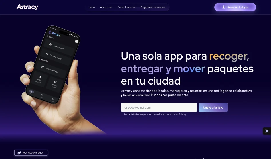Astracy landing page hero in the dark theme, the version that shipped