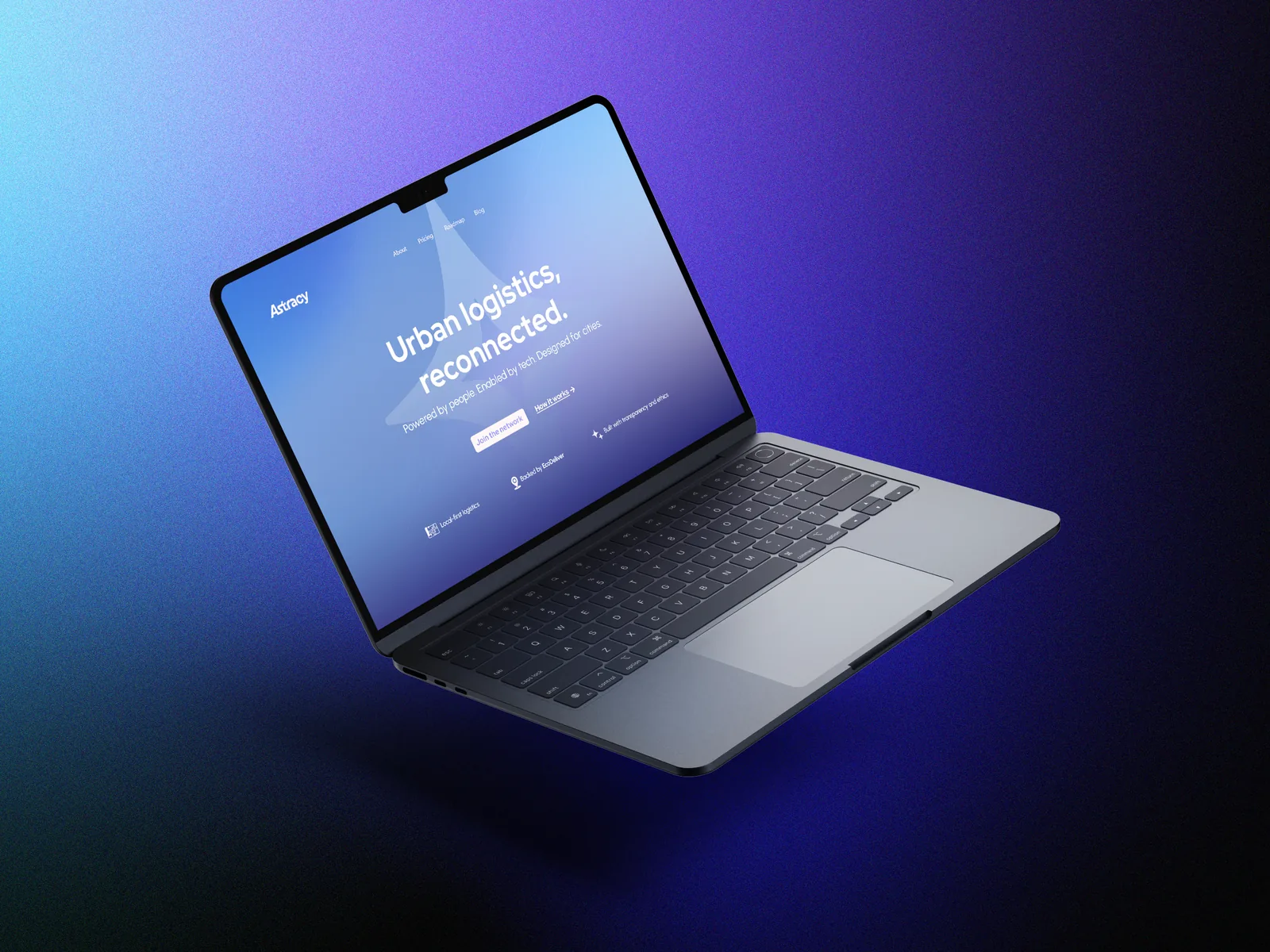 Astracy first website concept on a laptop, urban logistics reconnected