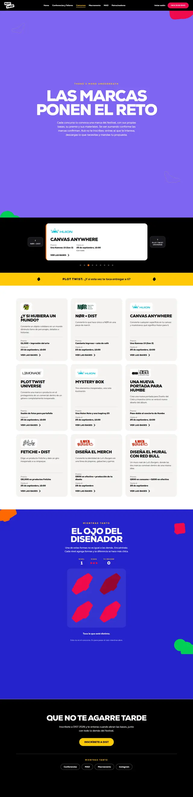 Full Concursos page: hero, contest teaser, contest grid and El ojo del diseñador
