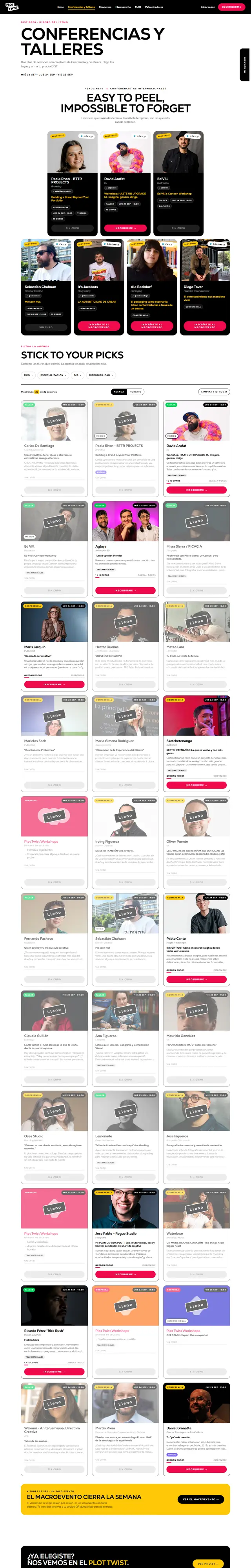 Full Conferencias y talleres page: headliners, filters and the session grid