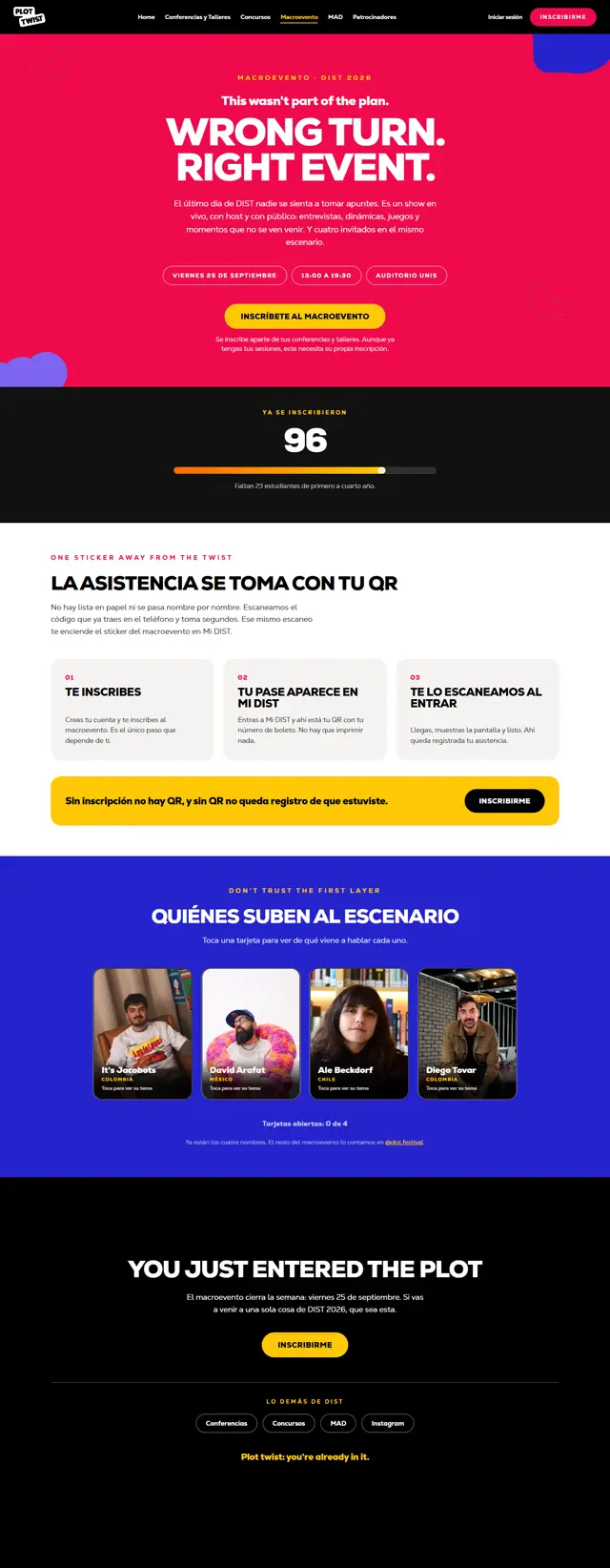 Full Macroevento page with the live sign-up bar and the four flip cards