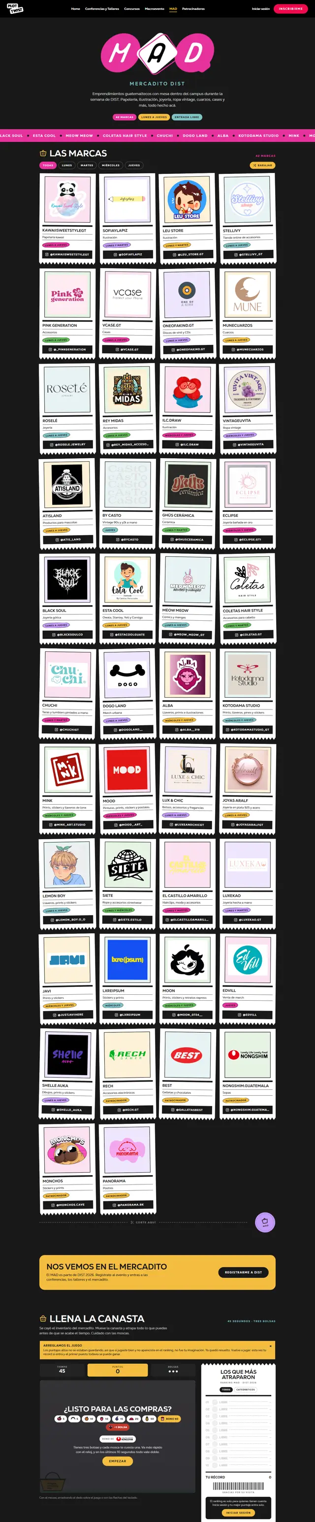 Full MAD page: the receipt grid of 42 brands and the Llena la canasta game