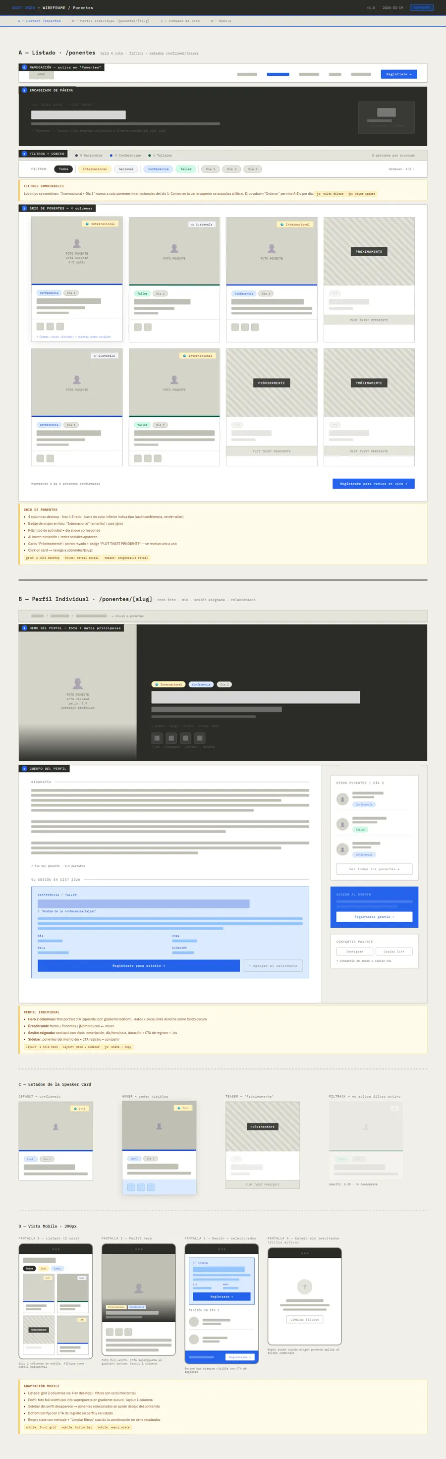 Lo-fi wireframe of the speakers page, later merged into Conferencias, March 2026