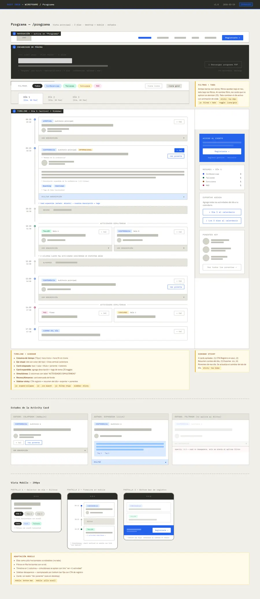Lo-fi wireframe of the program page with day tabs and filters, March 2026