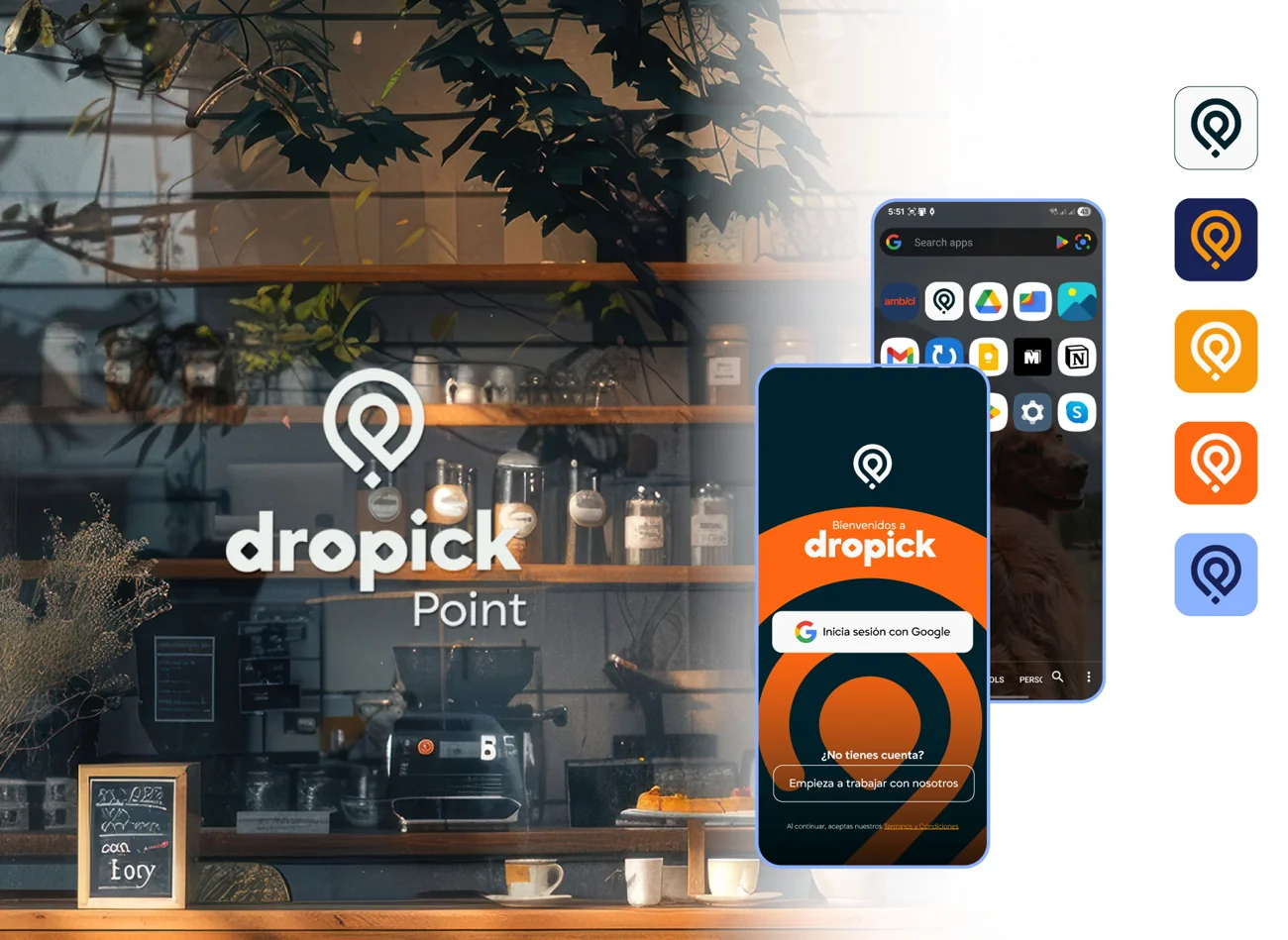 dropick final logo system, the opened pin with a diamond and the lowercase wordmark in Grift
