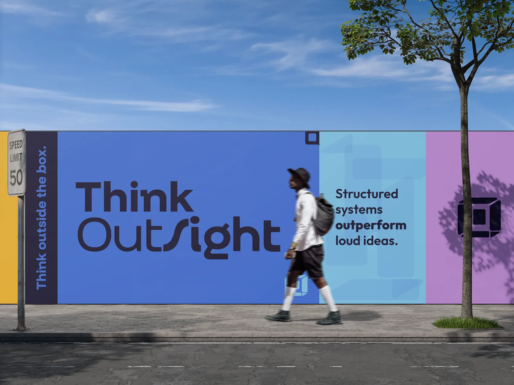 OutSight Team hoarding mockup reading Think OutSight, structured systems outperform loud ideas