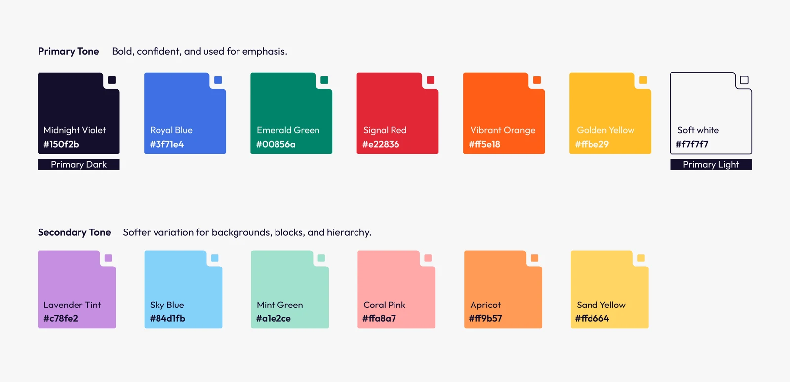 OutSight color system: six primary tones and six softer secondary tints with names and hex codes
