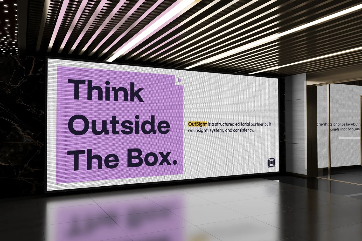 OutSight brand on a large indoor LED screen reading Think Outside The Box